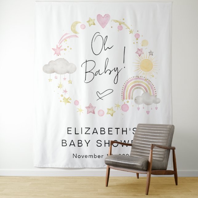 Boho Rainbow Baby Girl Shower Welcome Backdrop Tapestry (In Situ)