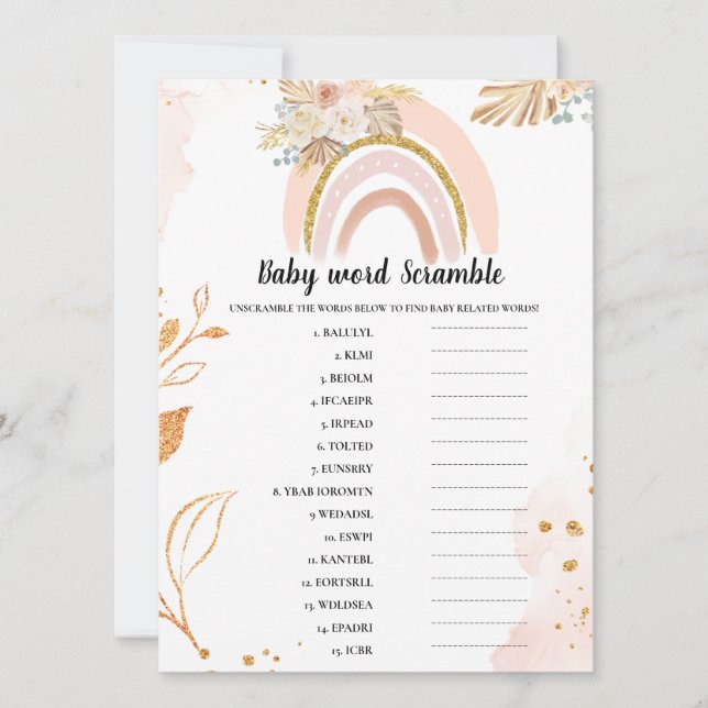 Boho Rainbow Baby scramble word Baby shower game Card (Front)