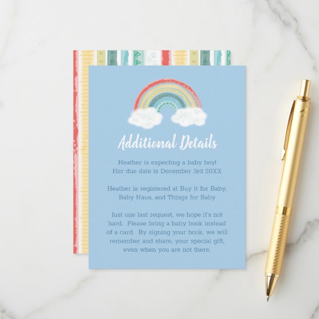 Boho Rainbow Baby Shower Blue Boy Enclosure Card (Front/Back In Situ)