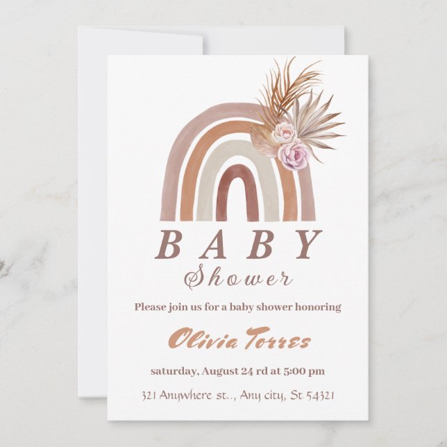 Boho Rainbow Baby Shower Earthy Tones, Floral chic Invitation (Front)