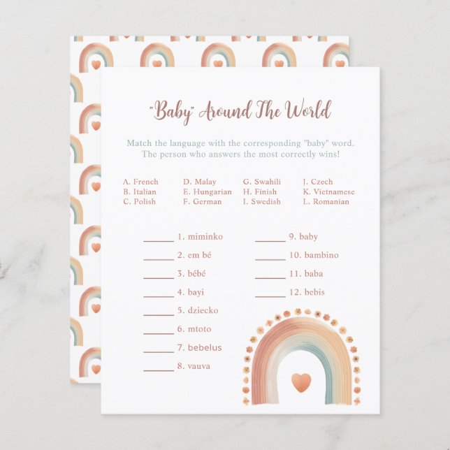 Boho Rainbow Baby Shower Game – Watercolor Earthy  (Front/Back)