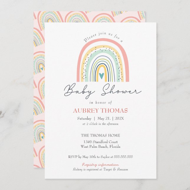 Boho Rainbow Baby Shower Hand Drawn Heart Invitation (Front/Back)
