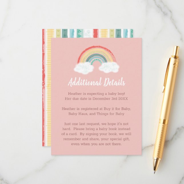 Boho Rainbow Baby Shower Pink Enclosure Card (Front/Back In Situ)