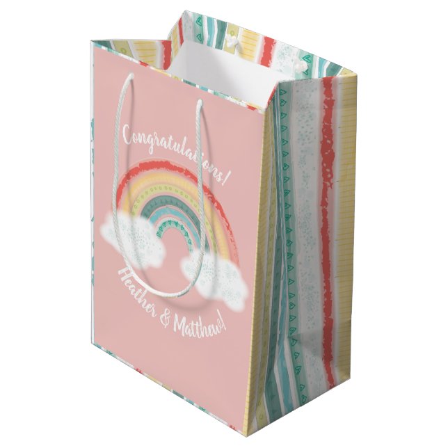 Boho Rainbow Baby Shower Pink Medium Gift Bag (Back Angled)