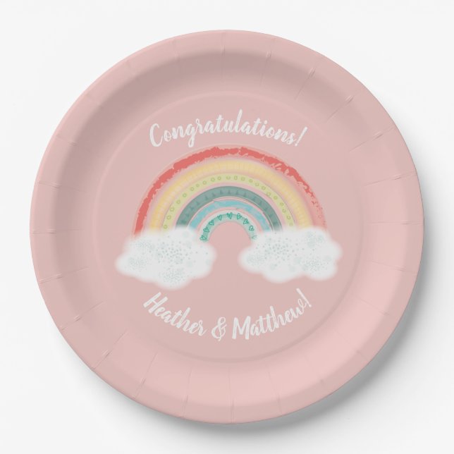 Boho Rainbow Baby Shower Pink Paper Plate (Front)