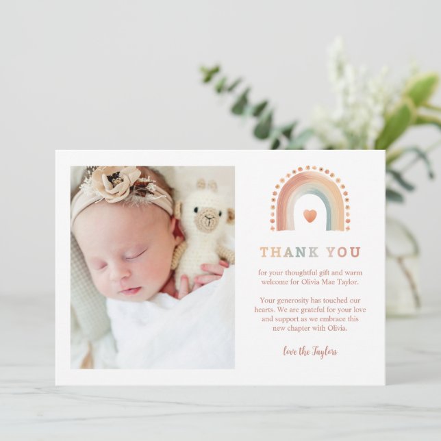 Boho Rainbow Baby Thank You Card – 2-Photo Modern  (Standing Front)