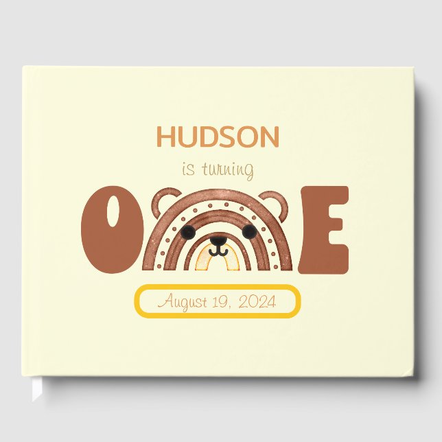 Boho Rainbow Bear First Birthday Guest Book (Front)