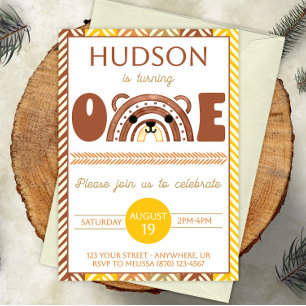 Boho Rainbow Bear First Birthday Invitation