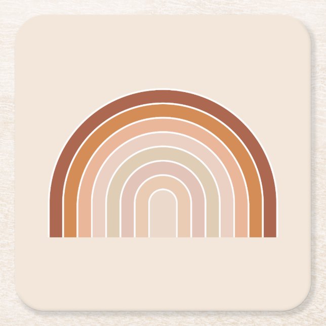 Boho Rainbow Beige Terracotta Square Paper Coaster (Front)