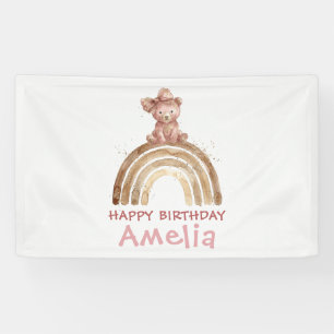 Boho Rainbow Birthday Cute Pink Watercolor Bear Banner