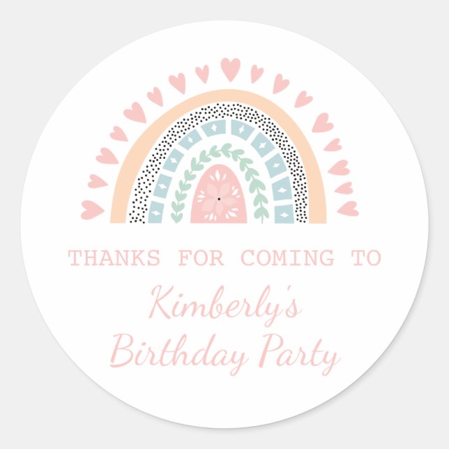 Boho Rainbow Birthday Favour Classic Round Sticker (Front)