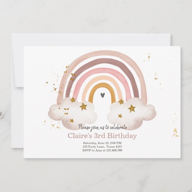 Boho Rainbow Birthday Invitation Girl Rustic (Front)