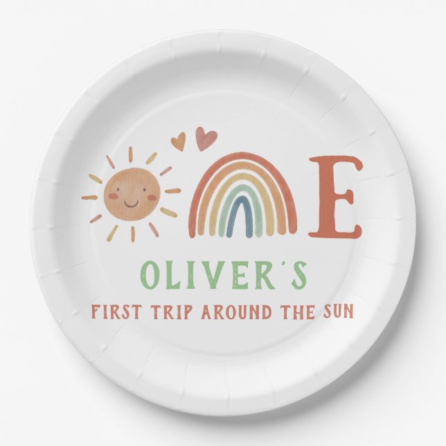 Boho Rainbow Birthday Party Paper Plate (Front)