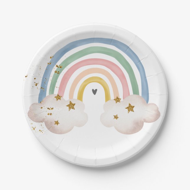 Boho Rainbow Birthday Pastel Modern Baby Shower Paper Plate (Front)