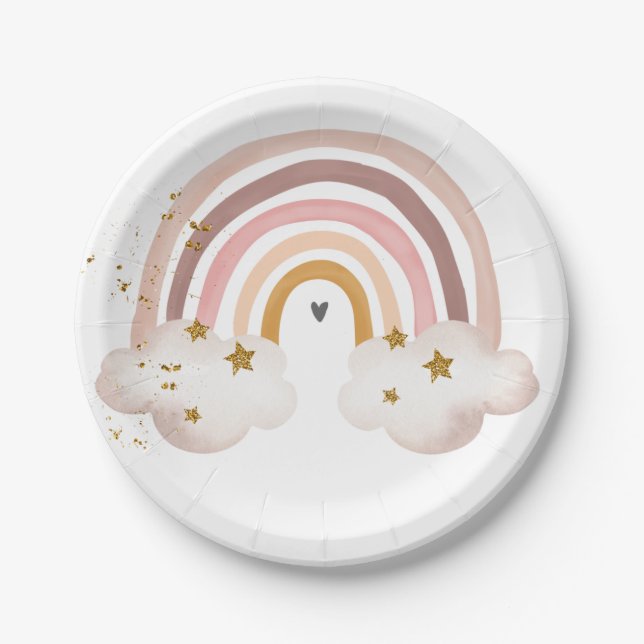 Boho Rainbow Birthday Pastel Modern Baby Shower Paper Plate (Front)