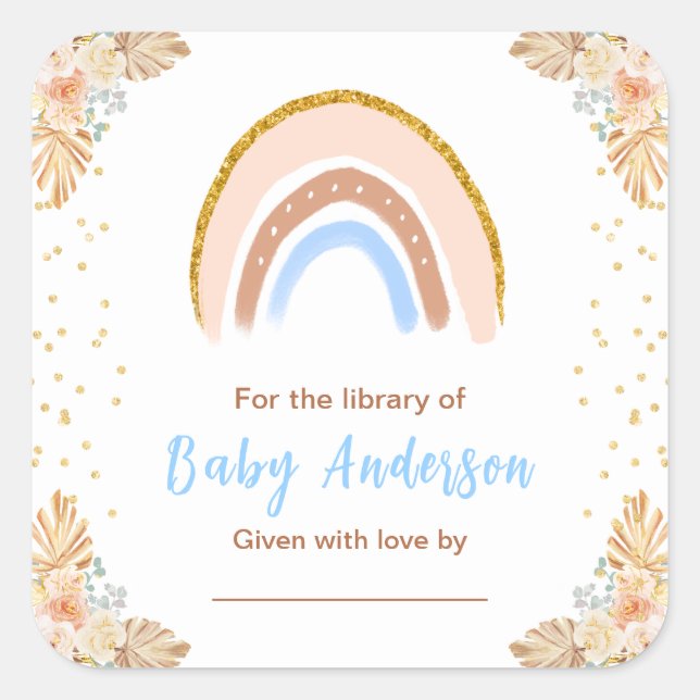 Boho Rainbow Blue Baby Shower Bookplate Square Sticker (Front)