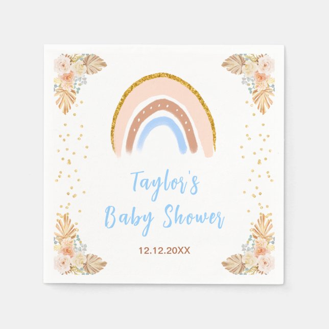 Boho Rainbow Blue Baby Shower Napkin (Front)