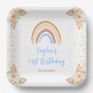 Boho Rainbow Blue Baby Shower Paper Plate