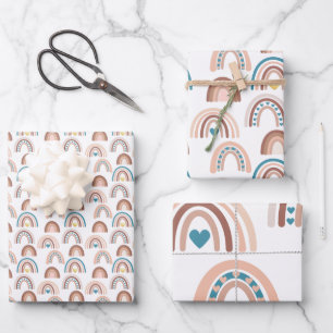 Boho Rainbow Blue Blush Gold Hearts Wrapping Paper Sheet