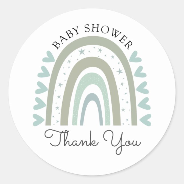 Boho Rainbow Blue Boy Baby Shower Thank You Classic Round Sticker (Front)