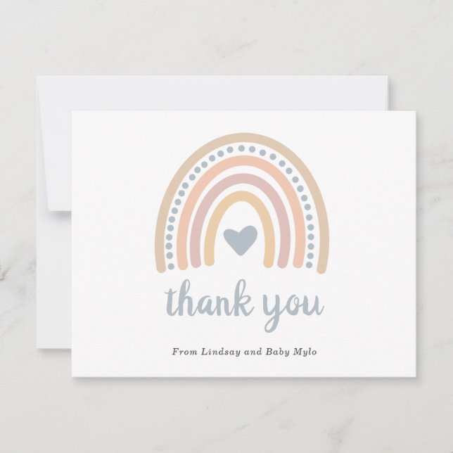 Boho Rainbow Blue Heart Cute Boy Baby Shower Thank You Card (Front)