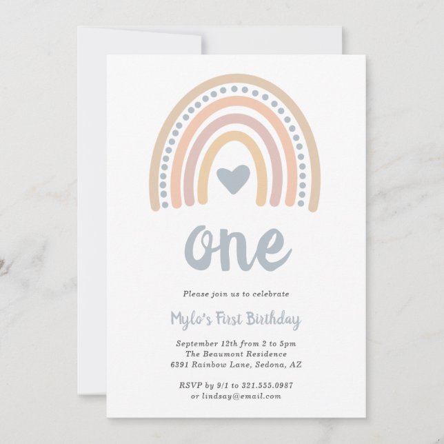 Boho Rainbow Blue Heart Cute Boy First Birthday Invitation (Front)