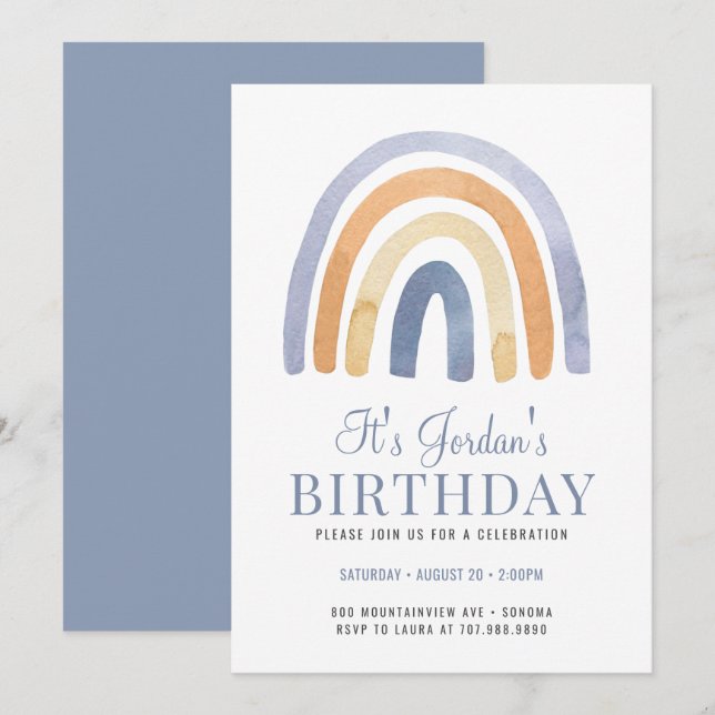Boho Rainbow Blue Kid's Birthday Party Invitation (Front/Back)
