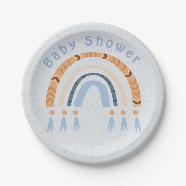 Boho Rainbow Blue Kraft Boy Baby Shower  Paper Plate (Front)