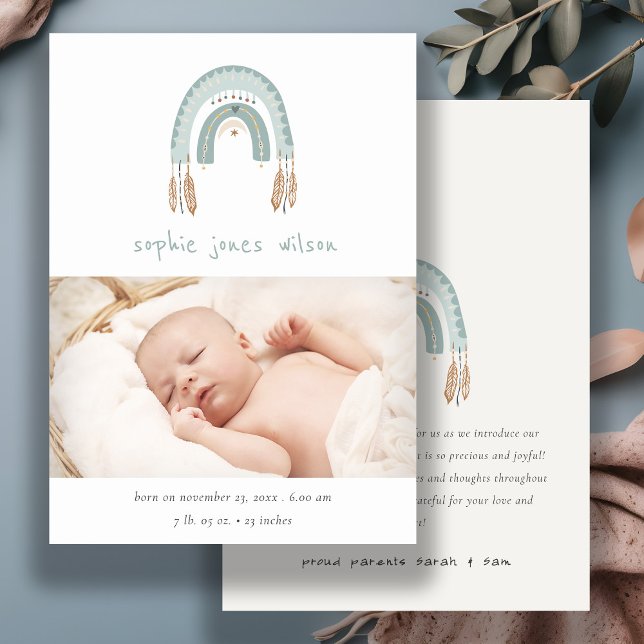 Boho Rainbow Blue Script Photo Birth Announcement (Creator Uploaded)