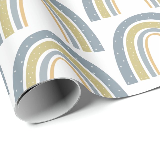 Boho Rainbow Blue White Baby Shower Wrapping Paper (Roll Corner)