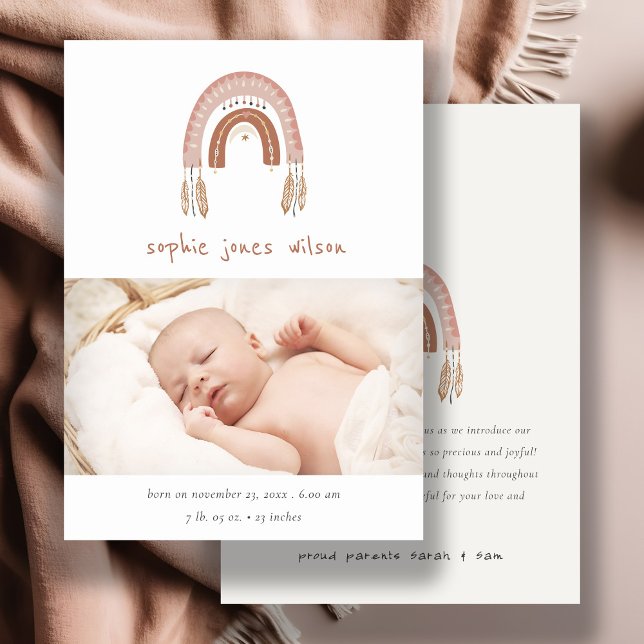 Boho Rainbow Blush Script Photo Birth Announcement (Creator Uploaded)