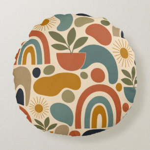 Boho Rainbow & Botanical Seamless Pattern Round Cushion