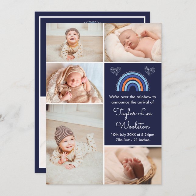 Boho Rainbow Boy Navy Blue Birth Announcement (Front/Back)