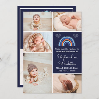 Boho Rainbow Boy Navy Blue Birth Announcement