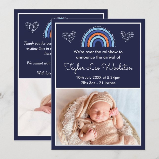 Boho Rainbow Boy Navy Blue Birth Announcement (Front/Back)