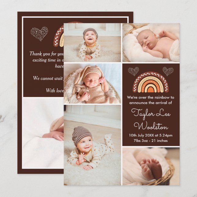 Boho Rainbow Brown Birth Announcement (Front/Back)