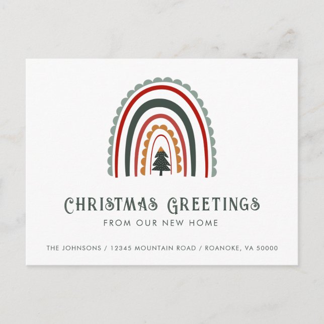 Boho Rainbow Christmas Greetings from New Home   Announcement Postcard (Front)