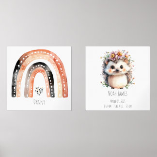 Boho Rainbow & Cute Hedgehog Nursery Wall Art 