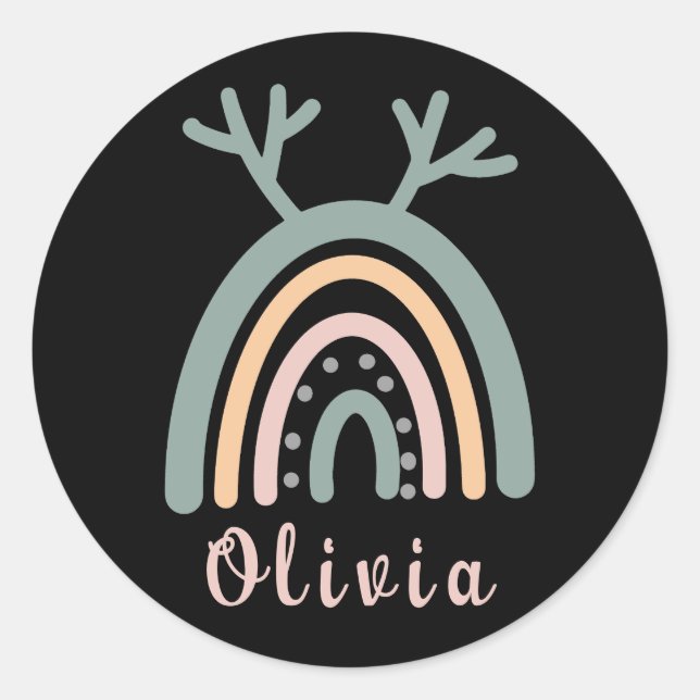 Boho Rainbow Cute With Personalised Name  Classic Round Sticker (Front)