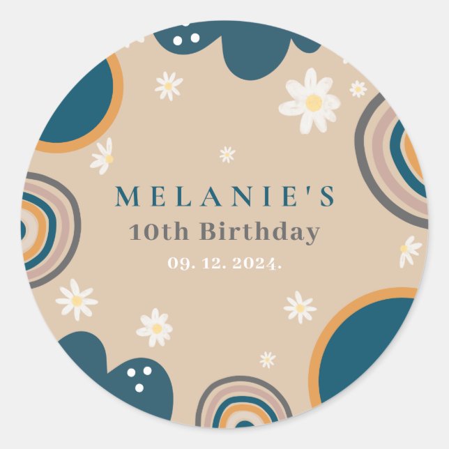 Boho Rainbow Daisy Beige Birthday  Classic Round Sticker (Front)