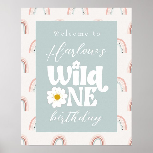 Boho Rainbow Daisy Wild One first Birthday Welcome Poster (Front)