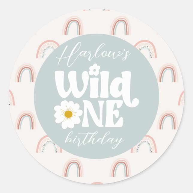 Boho Rainbow Daisy Wild One Girl's first Birthday Classic Round Sticker (Front)