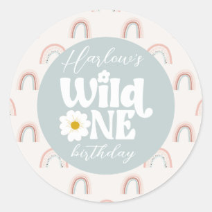 Boho Rainbow Daisy Wild One Girl's first Birthday Classic Round Sticker