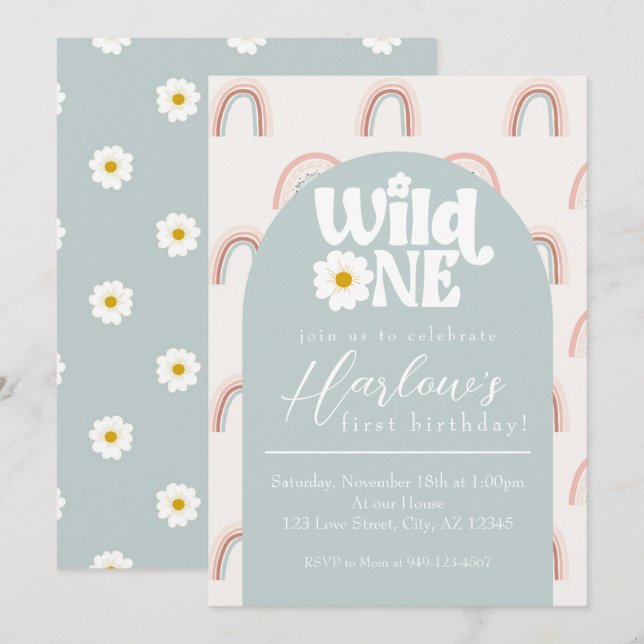 Boho Rainbow Daisy Wild One Girl's first Birthday Invitation (Front/Back)