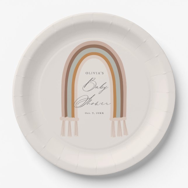Boho Rainbow Earth Tone Baby Shower Paper Plate (Front)