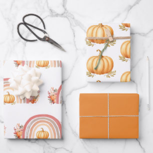 Boho Rainbow Fall Pumpkin Baby Shower Wrapping Paper Sheet