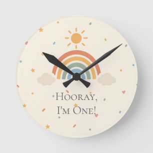 Boho Rainbow First Birthday Favour Box Round Clock