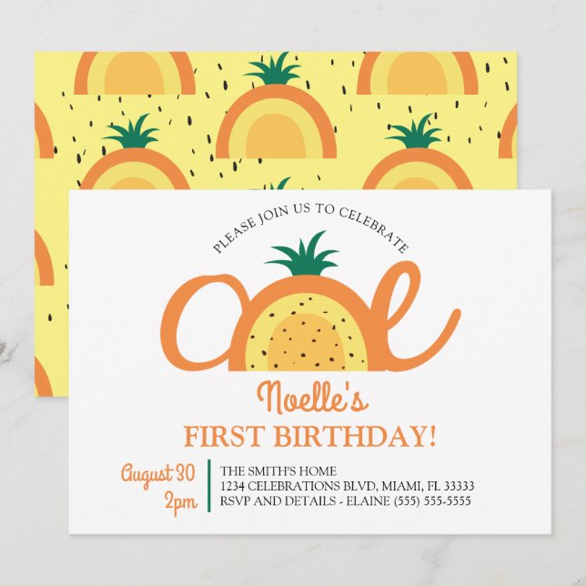 Boho Rainbow First Birthday, Pineapple Invitation (Front/Back)