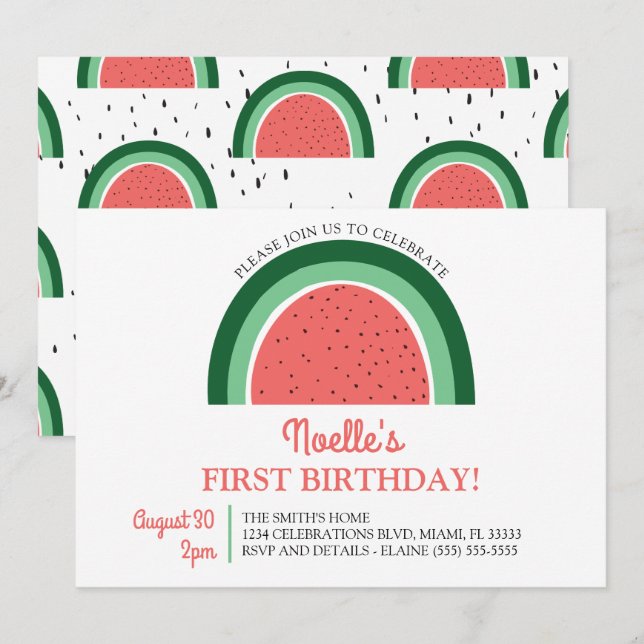 Boho Rainbow First Birthday, Watermelon Invitation (Front/Back)