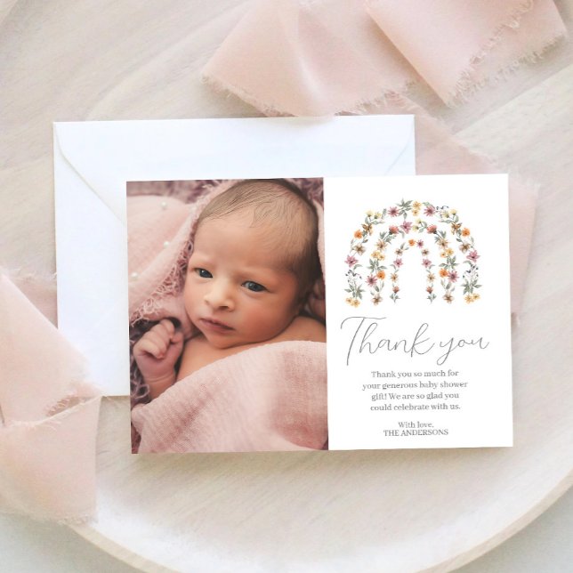Boho Rainbow Floral Wildflower Girl Baby Shower  Thank You Card (Creator Uploaded)